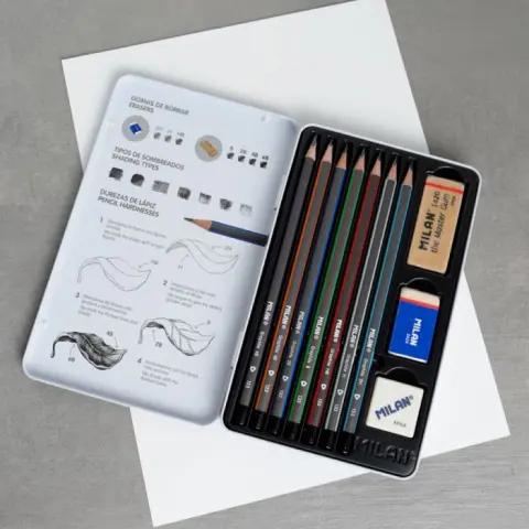 Imagen ESTUCHE METAL 7 LAPICES DE GRAFITO + GOMA. MILAN  2